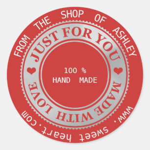 Handmade Logo Name Web Hearts Love Grey Red Ronde Sticker