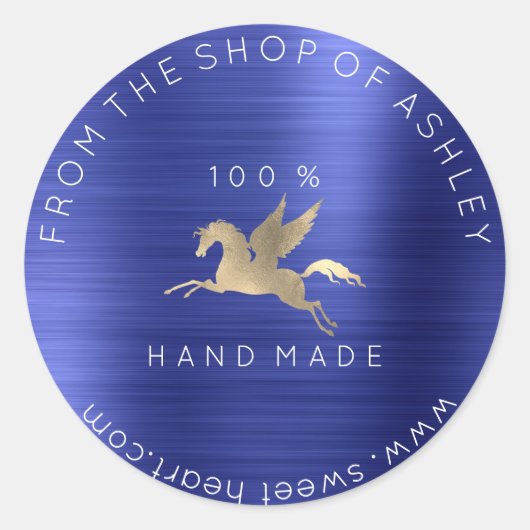 Handmade Logo Name Web Pegasus Cobalt Blue Gold Ronde Sticker (Voorkant)