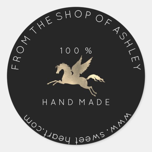 Handmade Logo Name Web Pegasus Horse Black Gold Ronde Sticker (Voorkant)