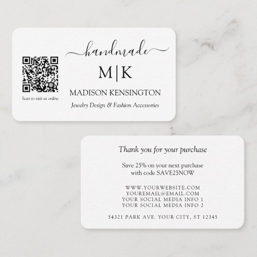 Handmade Monogram of voeg de Bedrijfs QR Kaart van Visitekaartje (Voorkant / Achterkant)