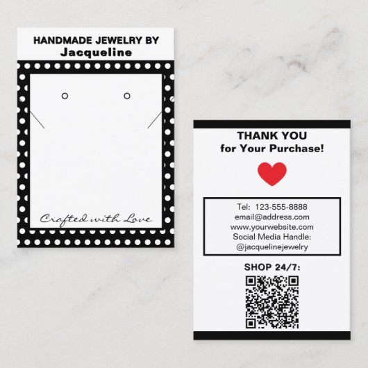 Handmade Necklace Earrings Black White Polka Dots Visitekaartje (Voorkant / Achterkant)