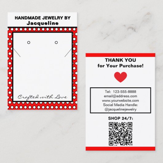 Handmade Necklace Earrings Red White Polka Dots Visitekaartje (Voorkant / Achterkant)