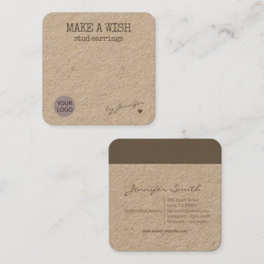 Handmade Rustic Natural Paper Stud Earring Holder Vierkante Visitekaartje (Voorkant / Achterkant)