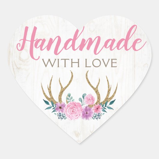 Handmade Rustic Wood & Waterverf Floral Antlers Hart Sticker (Voorkant)