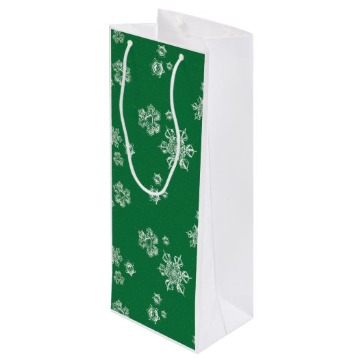 Handmade Snowflake Flurries - Bright Green & White Wijn Cadeautas (Achterkant Gekanteld)