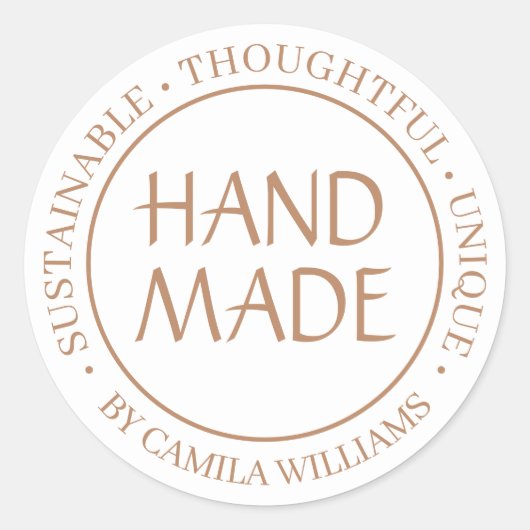 Handmade with Love – Brown & White Sustainable Ronde Sticker (Voorkant)