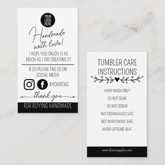 Handmade With Love Care Instructions Card Visitekaartje (Voorkant / Achterkant)