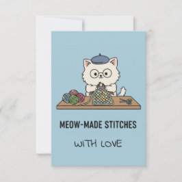 Handmade With Love Cat Knitting Blue Graphic Card Bedankkaart