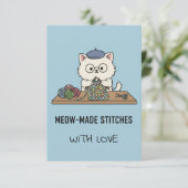 Handmade With Love Cat Knitting Blue Graphic Card Bedankkaart (Staand voorkant)
