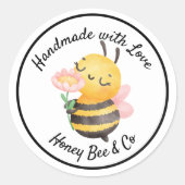 Handmade with Love. Cute Bee Personalized Ronde Sticker (Voorkant)