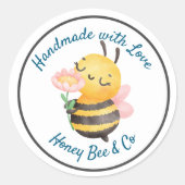 Handmade with Love. Cute Bee Personalized Ronde Sticker (Voorkant)