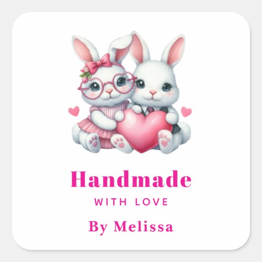 Handmade with Love Cute Bunnies Sharing a Heart Vierkante Sticker (Voorkant)