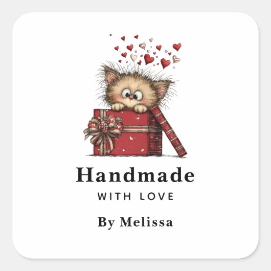 Handmade with Love Cute Cartoon Kitten with Hearts Vierkante Sticker (Voorkant)