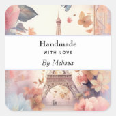 handmade with Love Eiffel Tower and Flowers Vierkante Sticker (Voorkant)