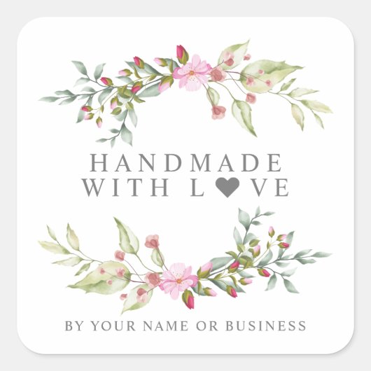 Handmade with Love on Romantic Floral Garland Vierkante Sticker (Voorkant)