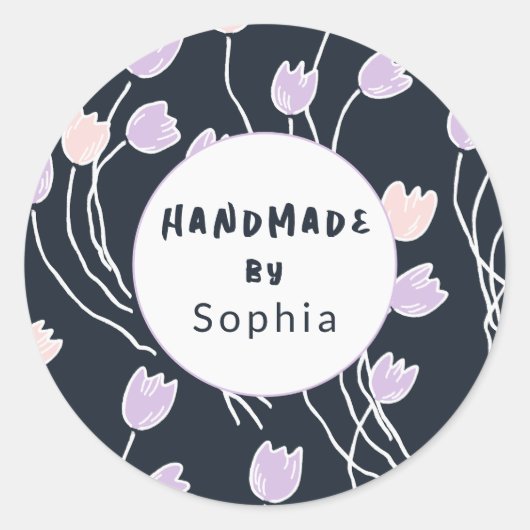 Handmade With Love Sketchy Floral Midnight Garden Ronde Sticker (Voorkant)