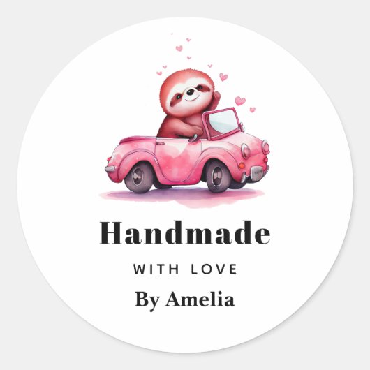 handmade with Love Sloth in a Pink Convertible Ronde Sticker (Voorkant)