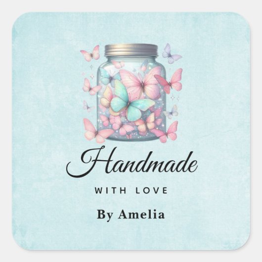 Handmade with Love Whimsical Butterflies in a Jar Vierkante Sticker (Voorkant)