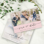 Handmatig 3 Afbeelding Blush roze Save The Date<br><div class="desc">Kies de beste afbeeldingen uit je verloving-opname of je favoriete afbeeldingen van jullie twee voor deze perfecte bewaardatum. De woorden sparen de datum zijn handgeschreven om een persoonlijk gevoel aan de kaart te geven. De voorkant heeft 3 afbeeldingen en de achterkant heeft een groot afbeelding met een witte filter op...</div>