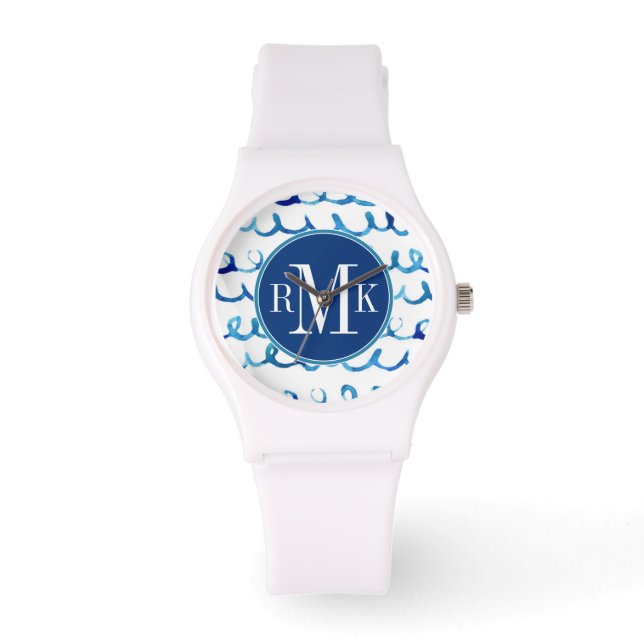 Handmatig geschilderd blauw Waterverf avy patroon Horloge (Voorkant)
