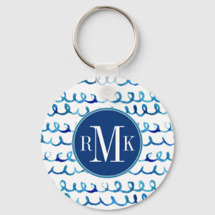 Handmatig geschilderd blauw Waterverf avy patroon Sleutelhanger