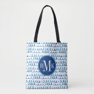 Handmatig geschilderd blauw Waterverf avy patroon Tote Bag