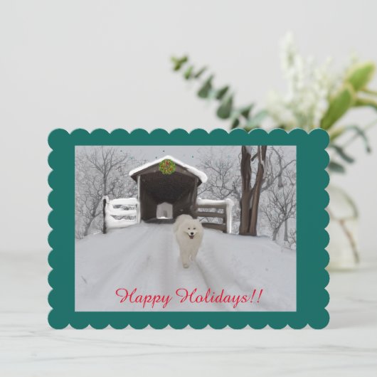 Handmatig geschilderd met Samoyed Flat Holiday Car Feestdagenkaart (Staand voorkant)