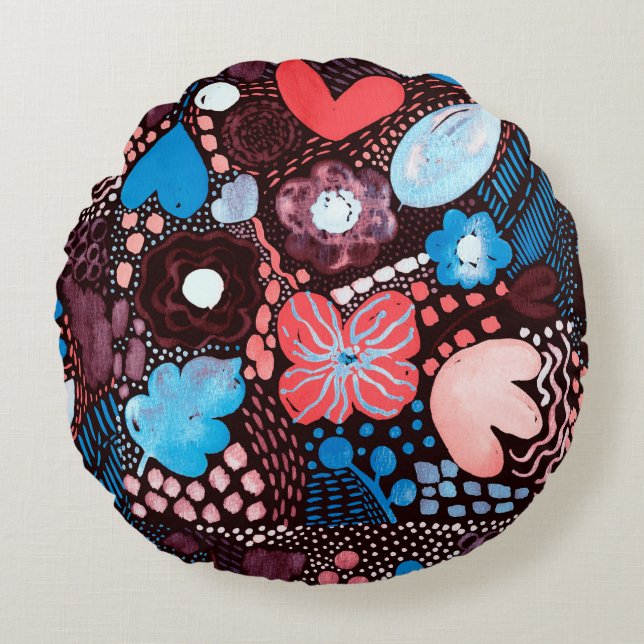 Handmatige Abstracte Waterverf Schets Doodle Fl Rond Kussen (Voorkant)