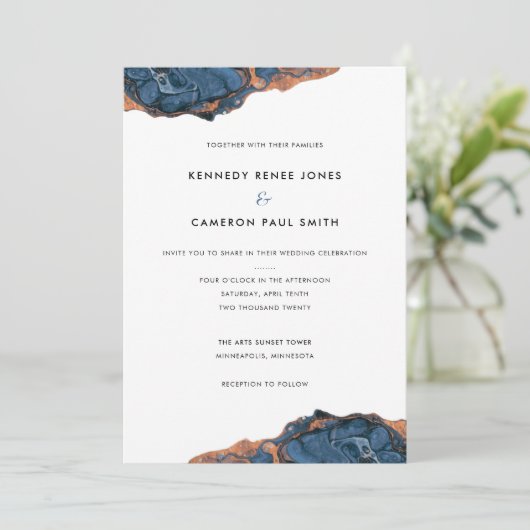 Handmatige uitnodiging voor blauwe marmer aangepas (Staand voorkant)