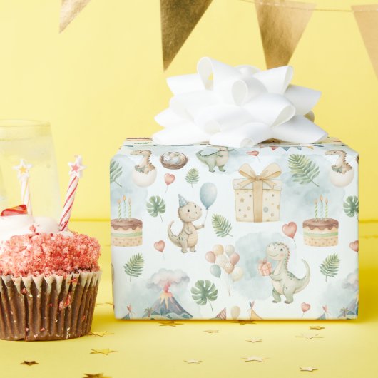 HandPainted Birthday Dinos Wrapping Paper Roll Cadeaupapier (Verjaardagsfeest)