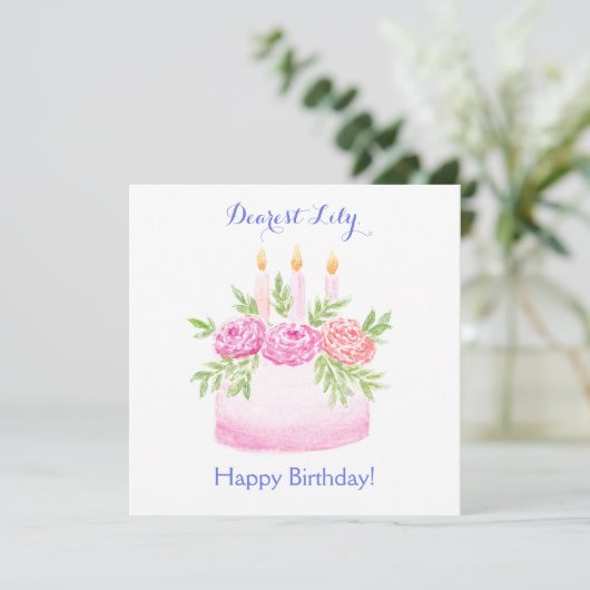 Handpainted Watercolor Floral BIRTHDAY Cake CARD (Staand voorkant)