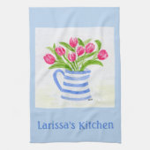 Handpainted Watercolor Tulips, Blue Stripe Pitcher Theedoek (Verticaal)