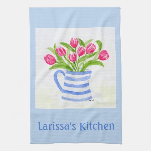 Handpainted Watercolor Tulips, Blue Stripe Pitcher Theedoek (Verticaal)
