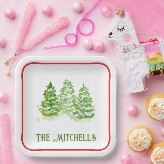 Handpainted Winter Trees PERSONALIZE NAME Papieren Bordje (Feest)