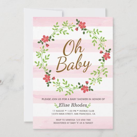 Handroze strepen, met baby shower kaart (Voorkant)