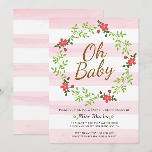 Handroze strepen, met baby shower kaart (Voorkant / Achterkant)