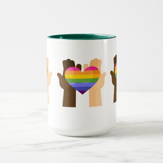 Hands Holding Rainbow Heart Mok (Midden)