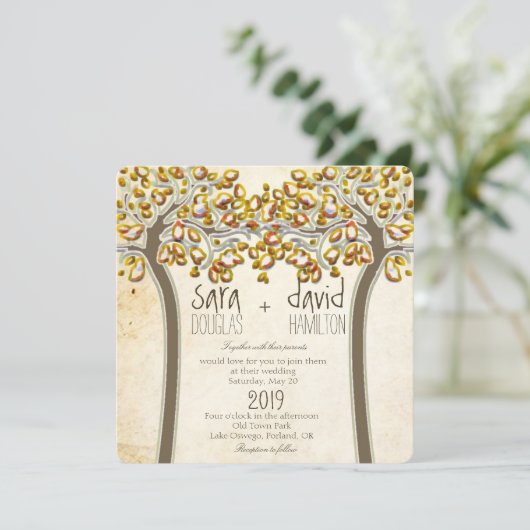 Hands Trees Love Rustic Fall Wedding Kaart (Staand voorkant)