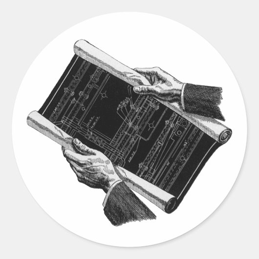 Hands w architecturale blauwdrukken,  Business Ronde Sticker (Voorkant)