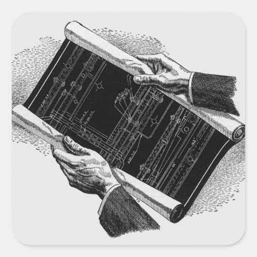 Hands w architecturale blauwdrukken,  Business Vierkante Sticker (Voorkant)