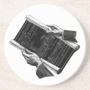 Hands w architecturale blauwdrukken,  Business Zandsteen Onderzetter