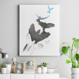 Handschaduw Vliegende vogels Illusie Surrealistisc Canvas Afdruk