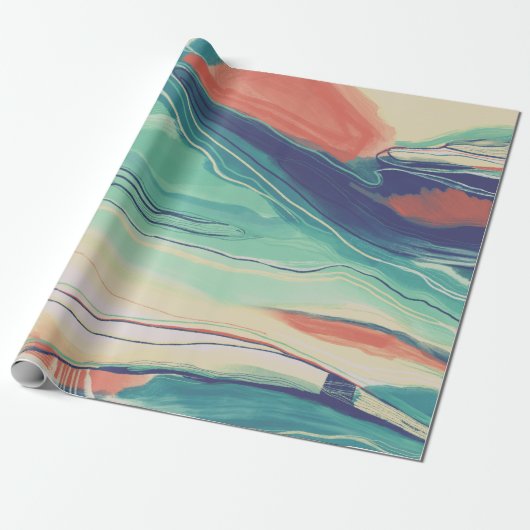 Handschilderd abstract schilderij met blauwe groen cadeaupapier (Uitgerold)