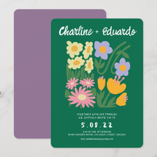 Handschilderij Retro Hedendaagse Bloemen Bruiloft Kaart (Voorkant / Achterkant)