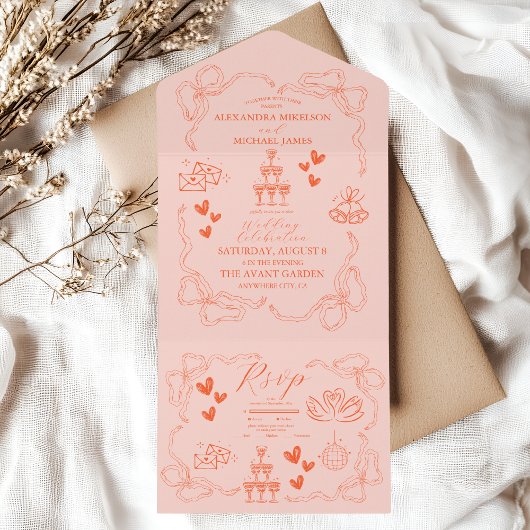 Handschilderij Retro Hedendaagse Kunst Bruiloft All In One Uitnodiging