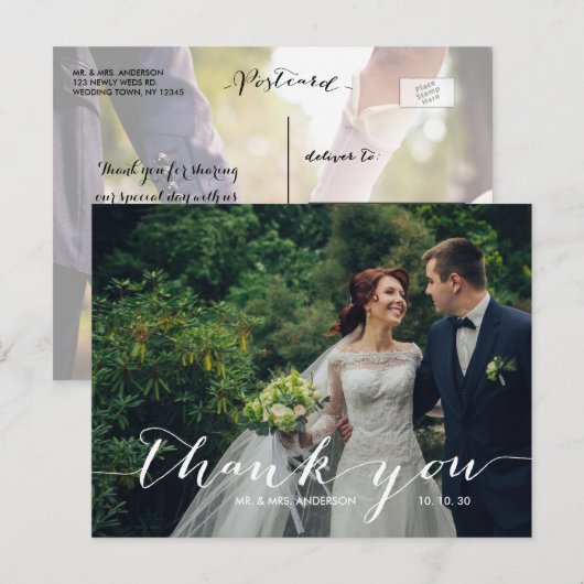 Handschrift 2 foto bruiloft Dank u Briefkaart (Voorkant / Achterkant)