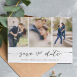 Handschrift 3 Afbeelding | De Kaart Datum opslaan<br><div class="desc">Kies de beste afbeeldingen uit je verloving-opname of je favoriete afbeeldingen van jullie twee voor deze perfecte bewaardatum. De woorden sparen de datum zijn handgeschreven om een persoonlijk gevoel aan de kaart te geven. De voorkant heeft 3 afbeeldingen en de achterkant heeft een groot afbeelding met een witte filter op...</div>