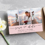 Handschrift 3 Afbeelding roze Save The Date<br><div class="desc">Kies de beste afbeeldingen uit je verloving-opname of je favoriete afbeeldingen van jullie twee voor deze perfecte bewaardatum. De woorden sparen de datum zijn handgeschreven om een persoonlijk gevoel aan de kaart te geven. De voorkant heeft 3 afbeeldingen en de achterkant heeft een groot afbeelding met een witte filter op...</div>