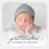  handschrift, baby's eerste kerstfoto vierkante sticker (Voorkant)