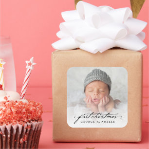 handschrift, baby's eerste kerstfoto vierkante sticker